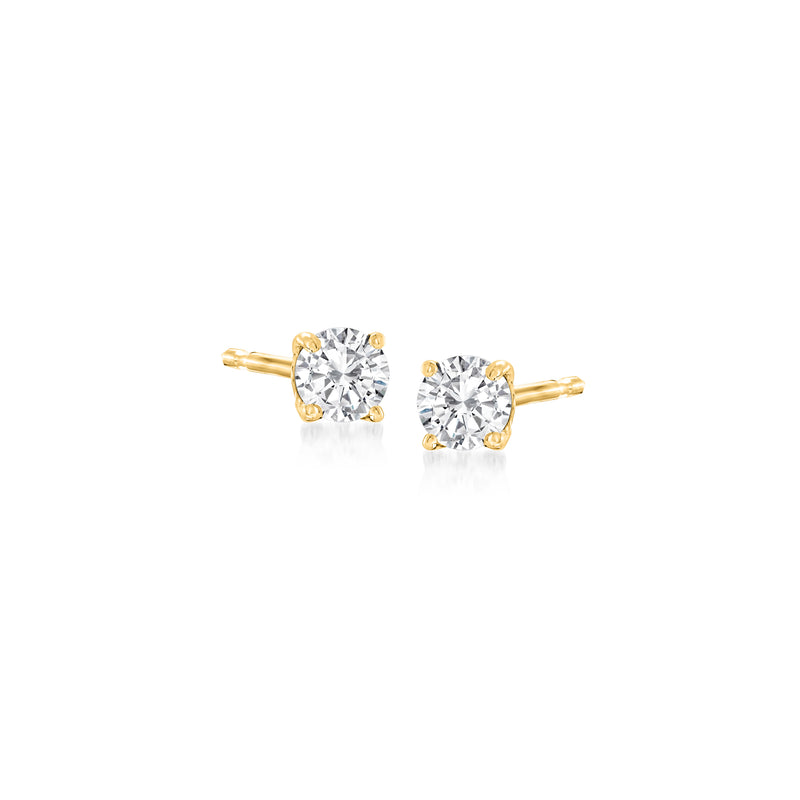 Round diamond stud earrings in 14kt yellow gold with bezel settings on posts