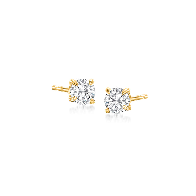 Round diamond stud earrings in 14kt yellow gold, with four-prong settings