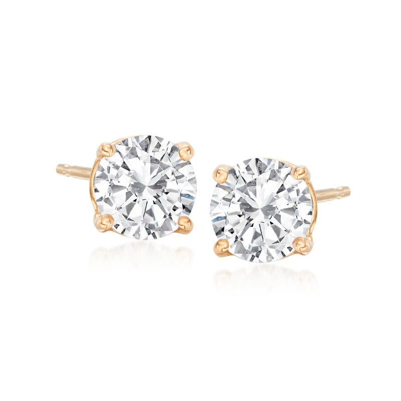 14kt yellow gold round diamond stud earrings, four-prong setting