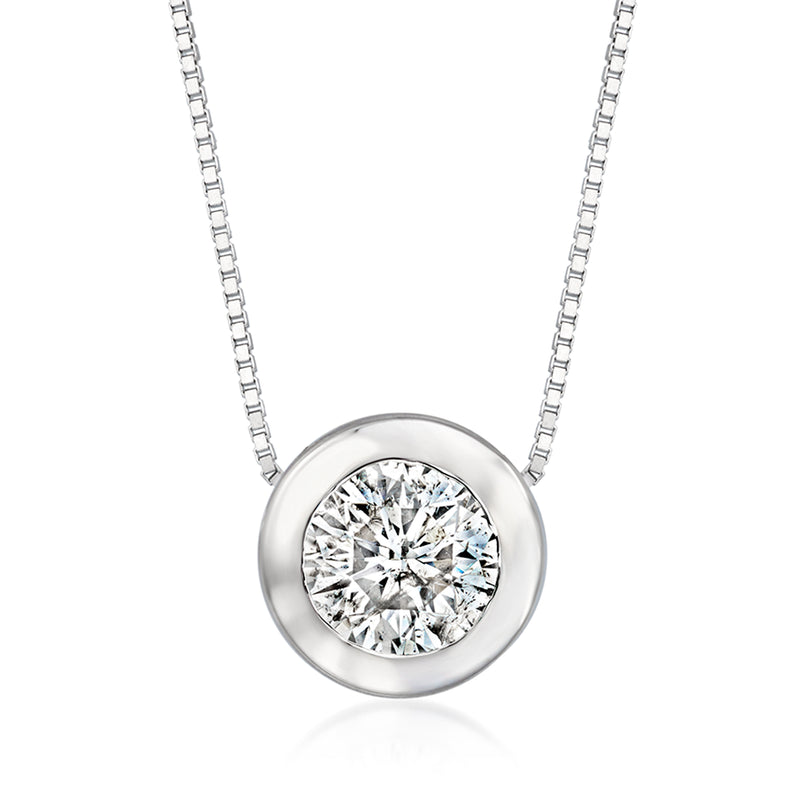 Vintage round diamond bezel pendant on 14kt white gold chain necklace
