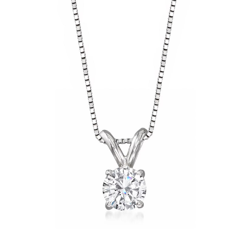 14kt white gold solitaire necklace with round diamond pendant and link chain