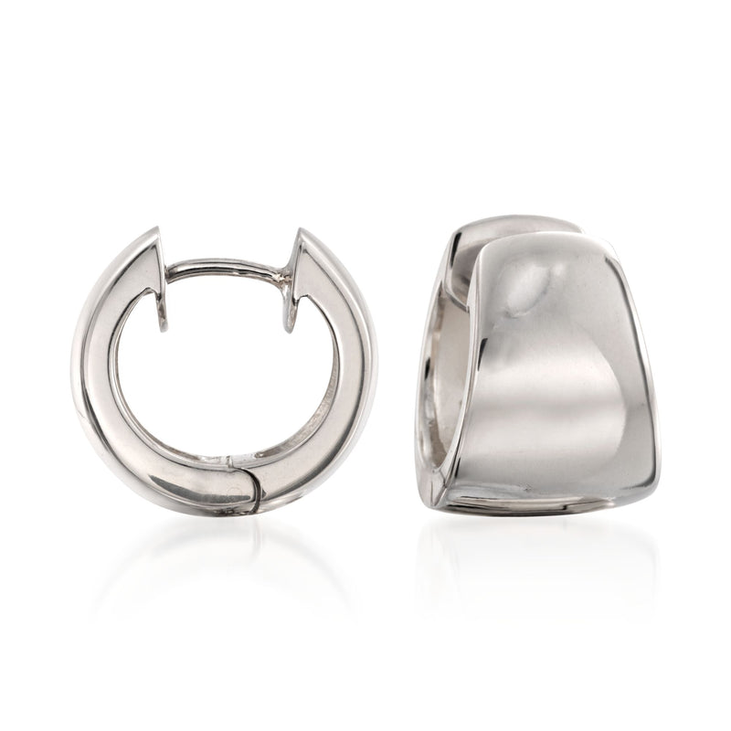 Sterling silver huggie hoop earrings with hinged clasp, front and back views