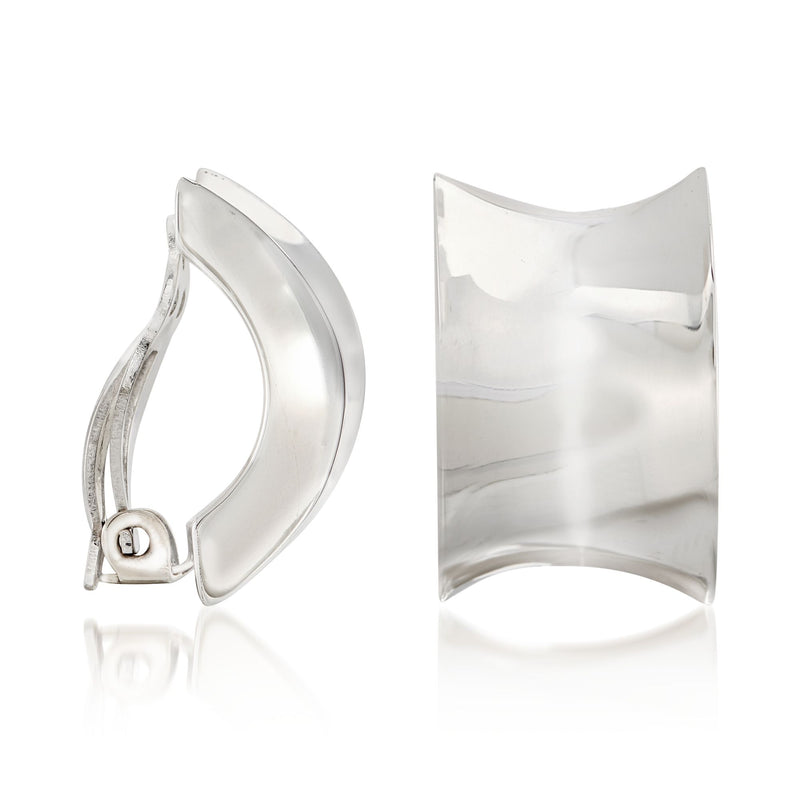 Sterling silver concave half-hoop clip-on earrings with small D charm