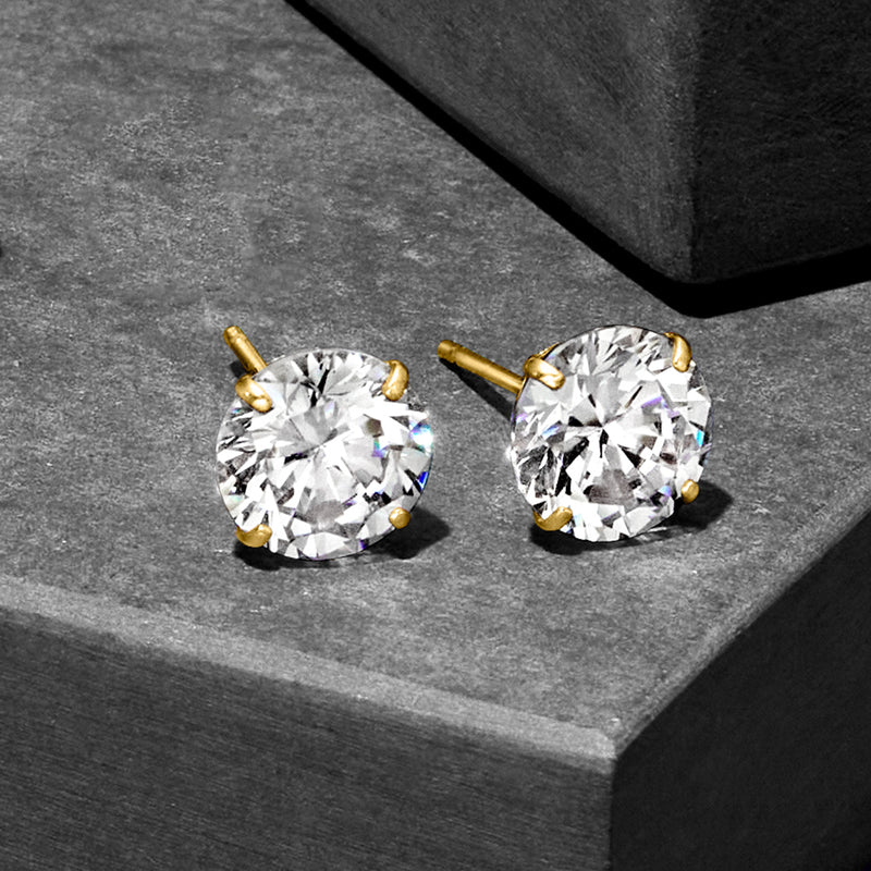Round CZ stud earrings in 14kt yellow gold, two round stones on earring backs