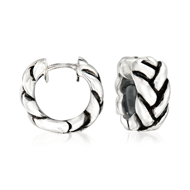 Sterling silver braid huggie hoop earrings with glossy twisted ring design