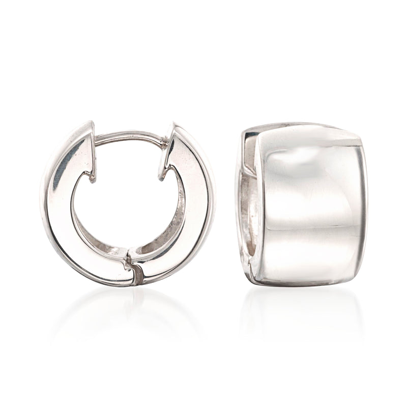 Sterling silver huggie hoop earrings with hinged clasp, front view