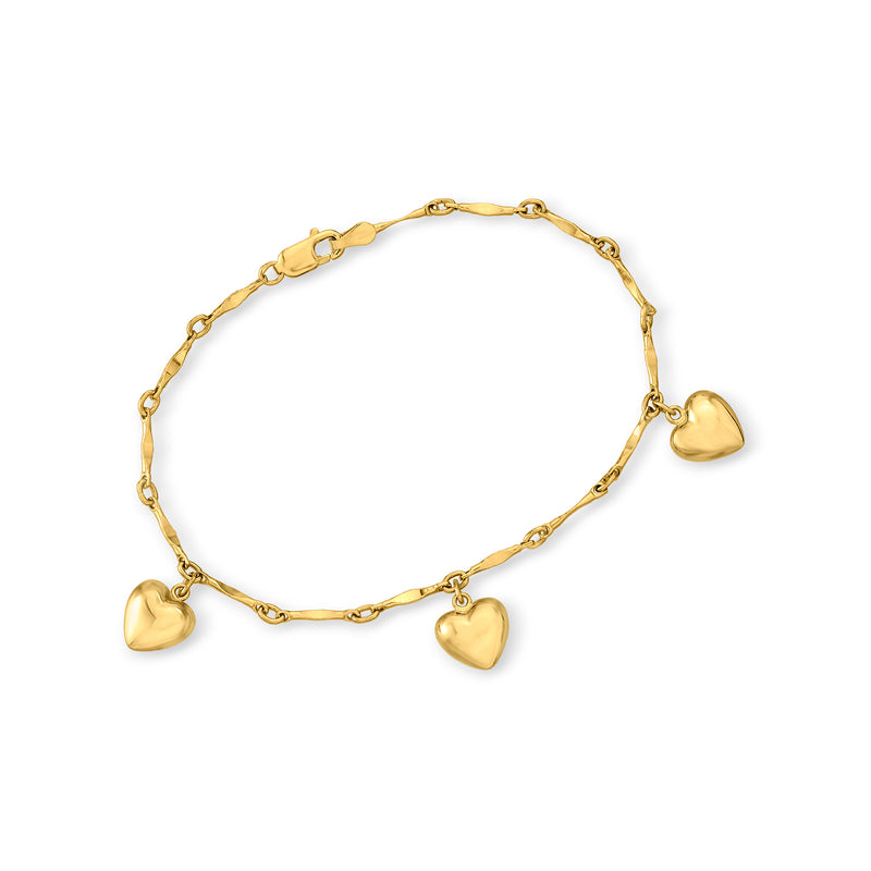 14kt yellow gold heart charm bracelet with three dangling heart charms