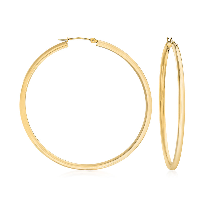 14kt yellow gold hoop earrings with polished round hoops and hinge clasp, 2.5mm width