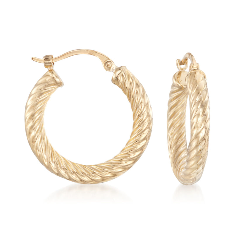 Yellow gold twisted ribbed hoop earrings with hinged clasp, small pair