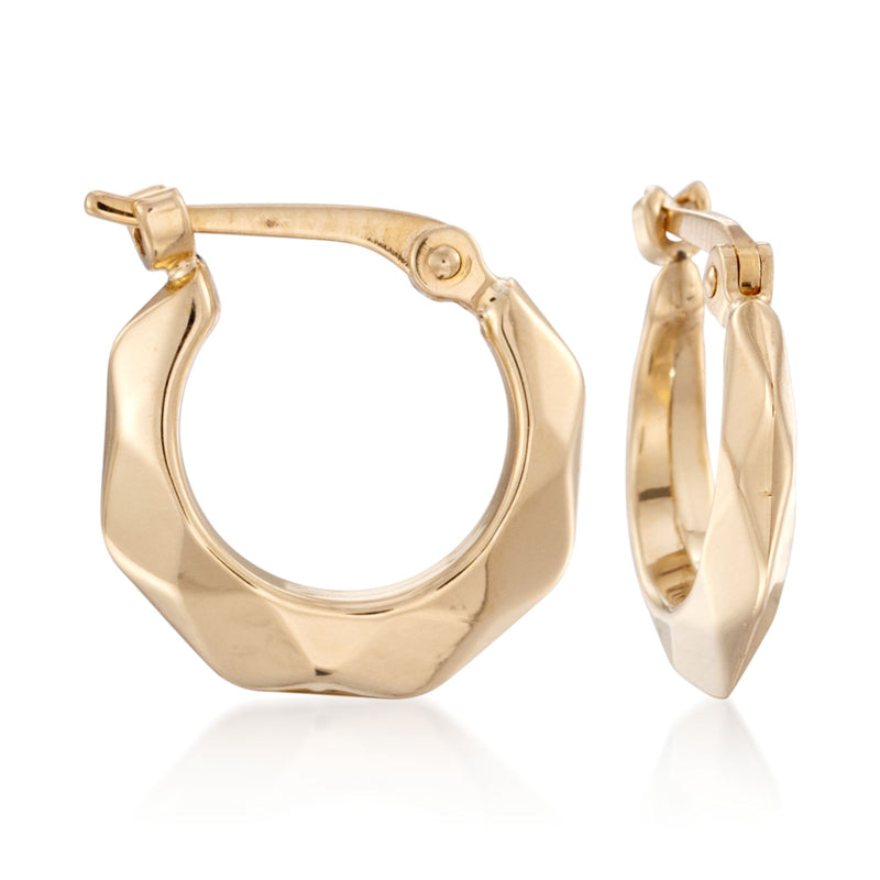 Yellow gold faceted hoop earrings with hinged clasp and polished finish