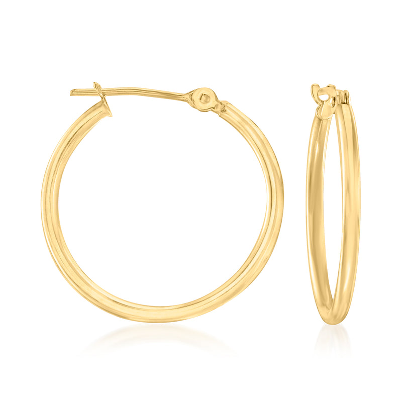 14kt yellow gold hoop earrings with hinged clasp, polished round profile