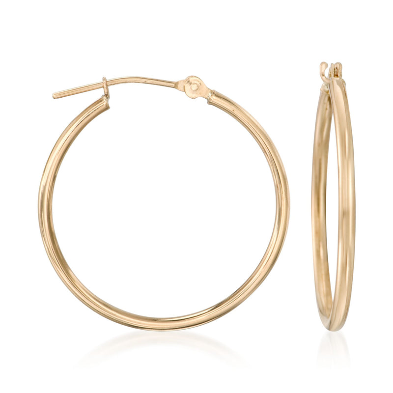14kt yellow gold hoop earrings with polished round hoops and hinge clasp