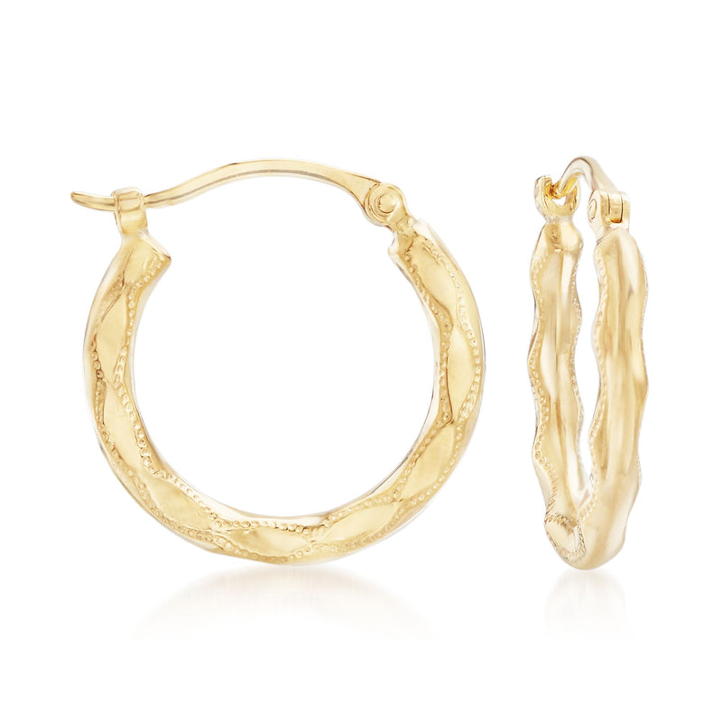 14kt yellow gold wavy hoop earrings with textured hoops and hinge closures