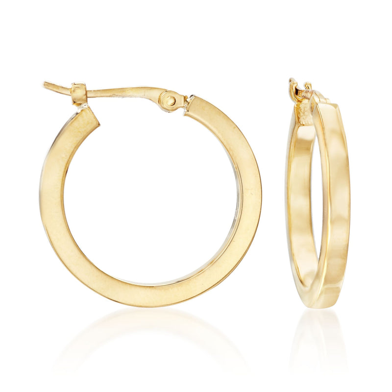 14kt yellow gold hoop earrings with smooth curved profile and hinged clasp