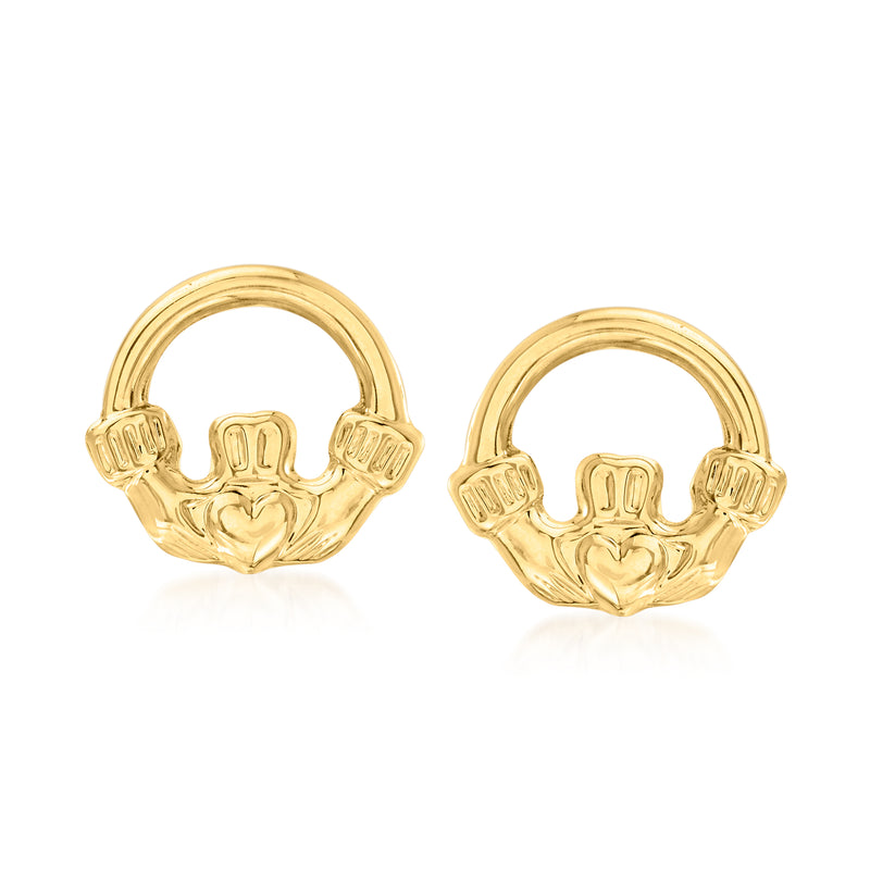 14kt yellow gold Claddagh post earrings, heart with crown and hands