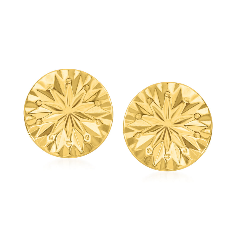 14kt yellow gold round stud earrings, faceted sunburst design