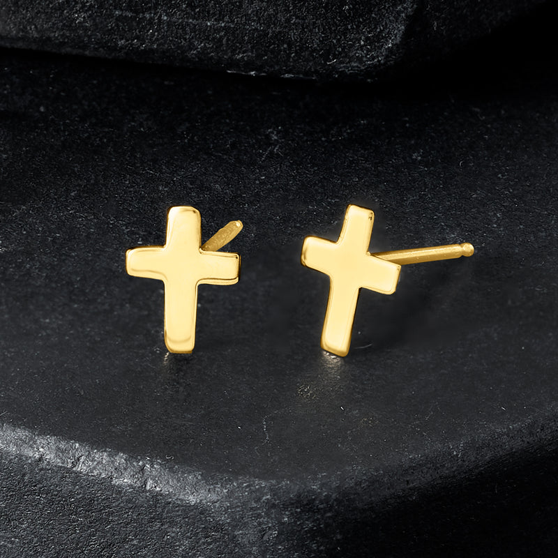 Yellow gold cross post earrings with small raised cross shapes