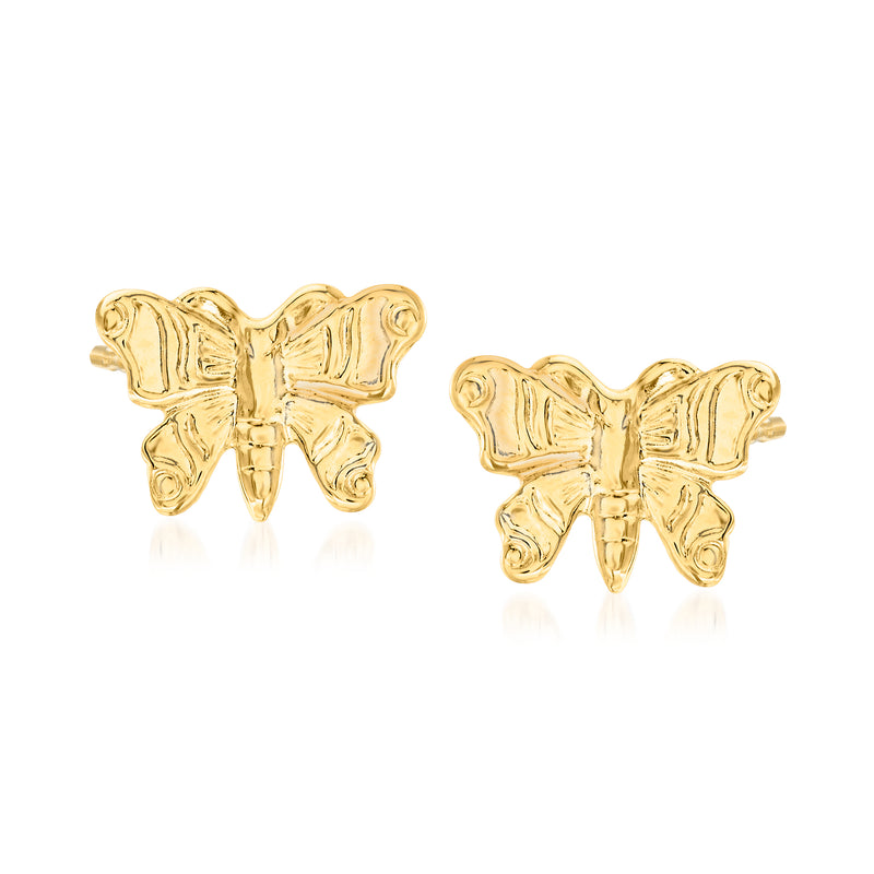 14kt yellow gold textured butterfly stud earrings, post backs