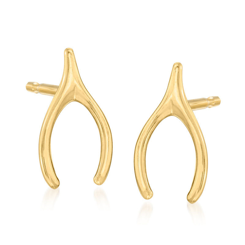 14kt yellow gold wishbone stud earrings, curved open V with round posts.