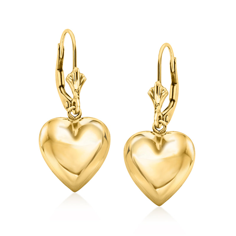Yellow gold puffed heart drop leverback earrings