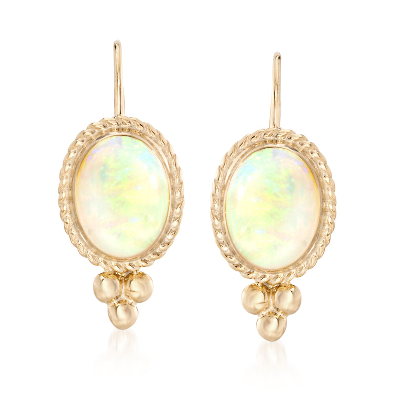 14kt yellow gold opal drop earrings with oval roped-edge bezel
