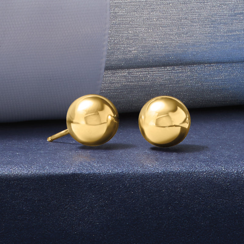 14kt yellow gold ball stud earrings, 8mm spherical posts with secure backs