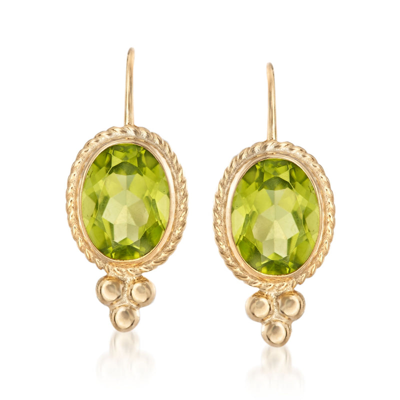 14kt yellow gold drop earrings with oval peridot green gemstones and rope-edged frames