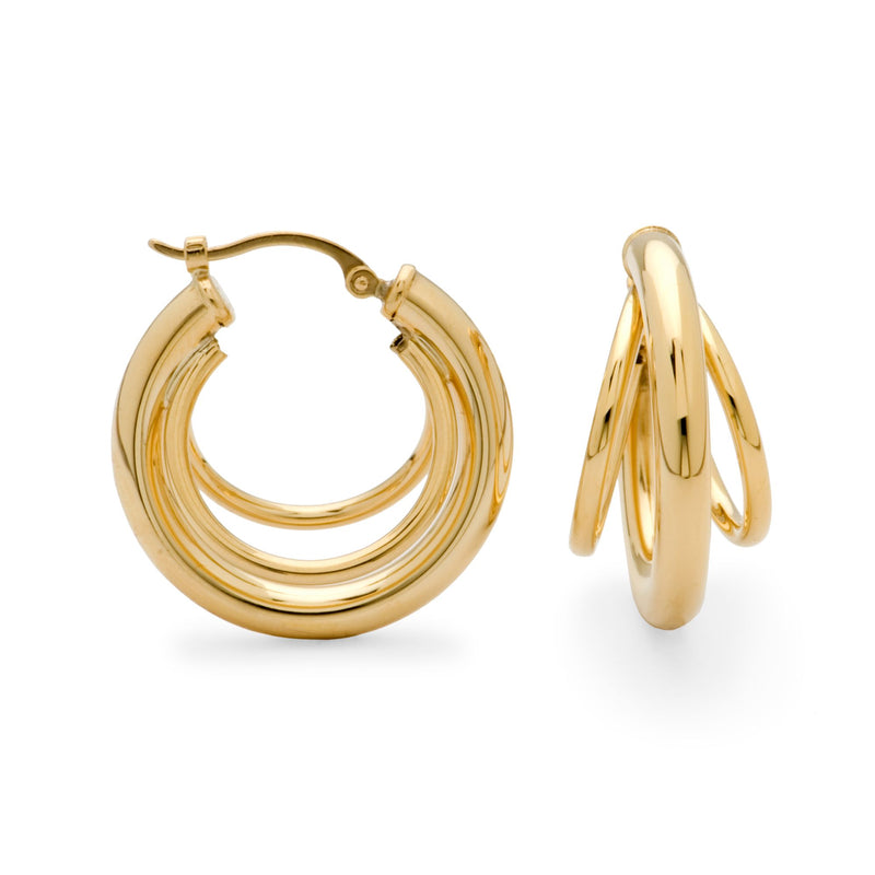 Three-ring hoop earrings in 14kt yellow gold, hinged clasp, curved layered hoops