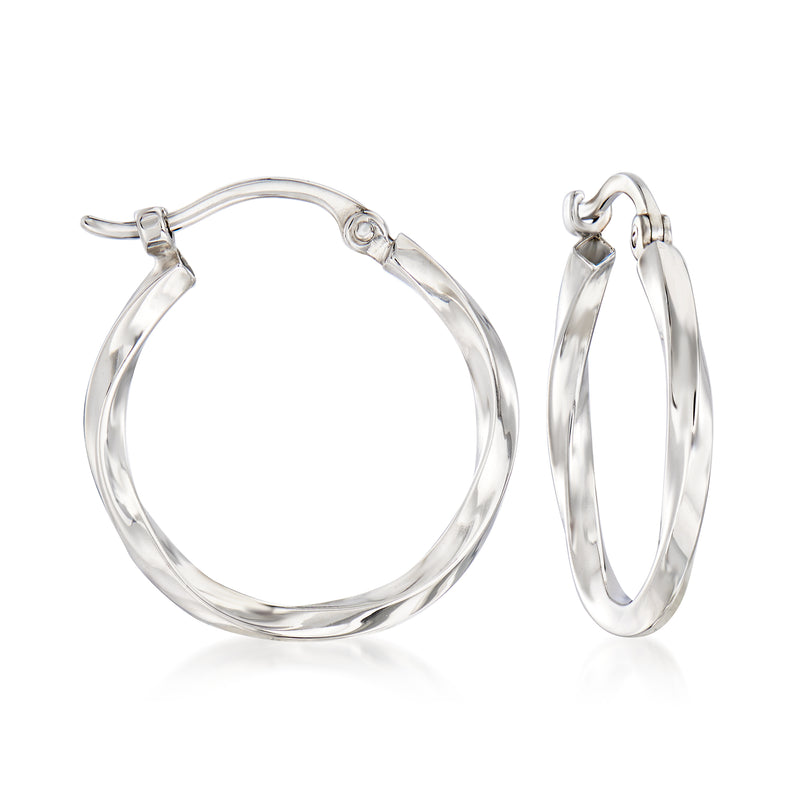 Twisted white gold hoop earrings with hinged clasp, oval hoop shape