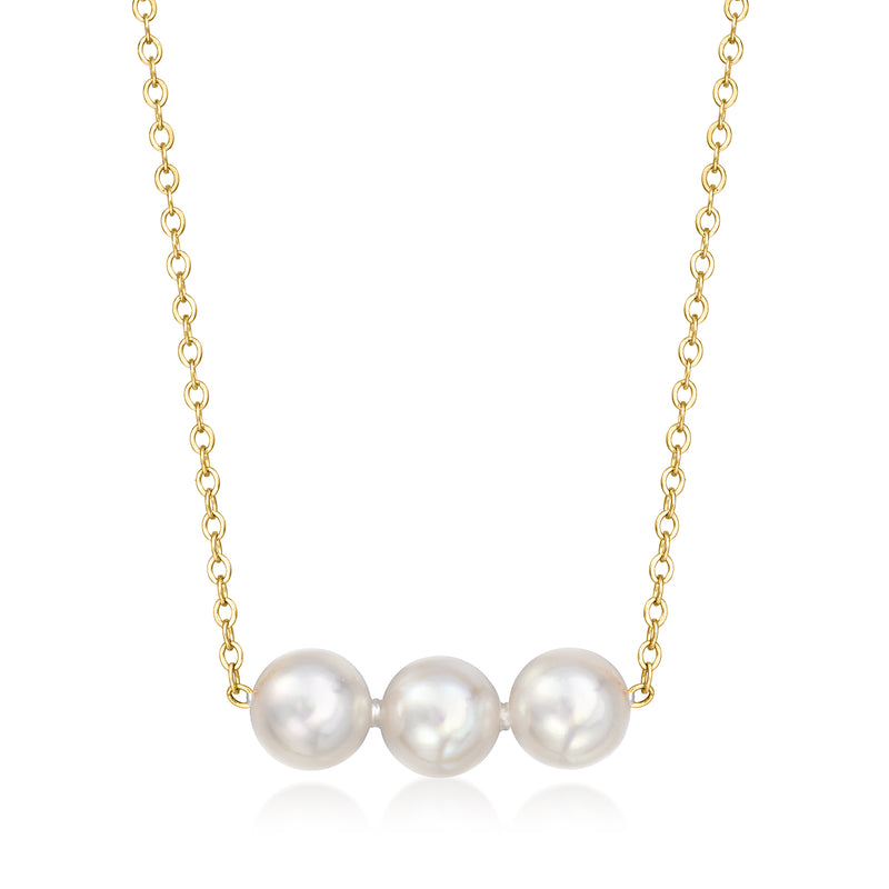 14kt yellow gold cultured Akoya pearl trio necklace with three round white pearls
