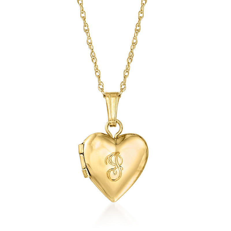 14kt yellow gold heart locket necklace with monogram, hinged locket and chain