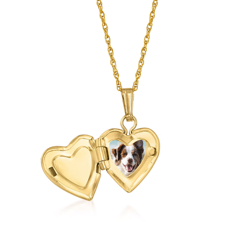 14kt yellow gold heart locket necklace with pet photo visible inside, hinged hearts and chain