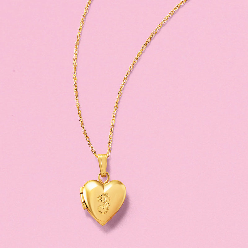 14kt yellow gold heart locket necklace with monogram, hinged locket and gold chain