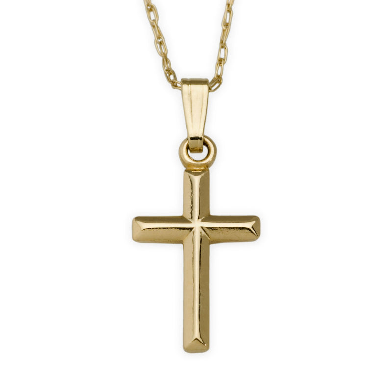 14kt yellow gold child cross necklace with polished cross pendant on link chain