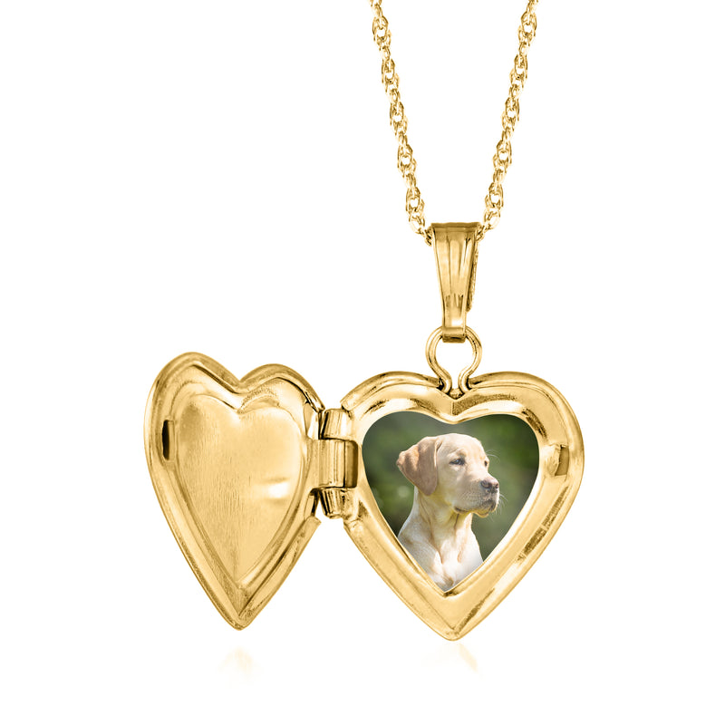 Yellow gold heart locket necklace with dog photo inside, open heart locket