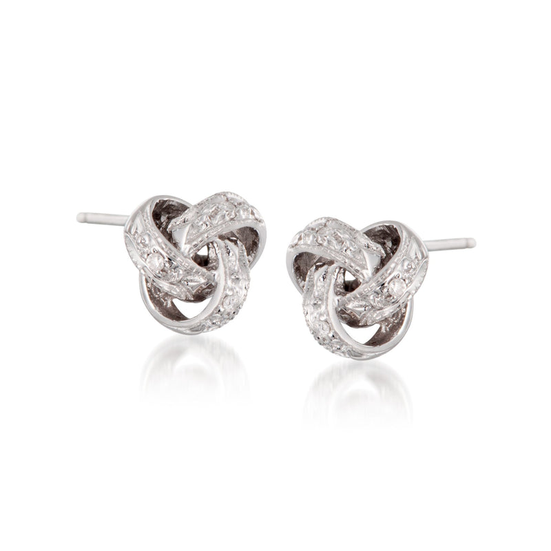 14kt white gold diamond love-knot stud earrings, sparkling heart crisscross design