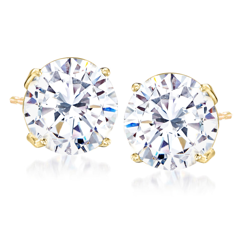14kt yellow gold CZ round stud earrings with clear stones, push-back posts