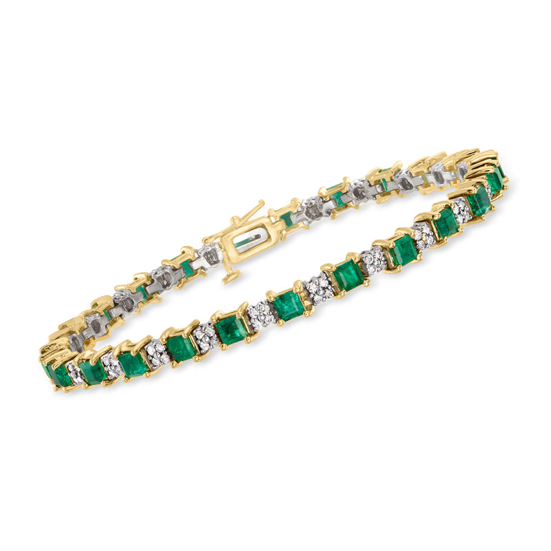 Two-tone gold tennis bracelet with emerald-green square stones and white diamond accents