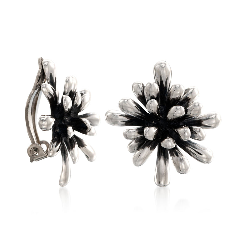 Sterling silver flower clip-on earrings, side view with hinged clip backs