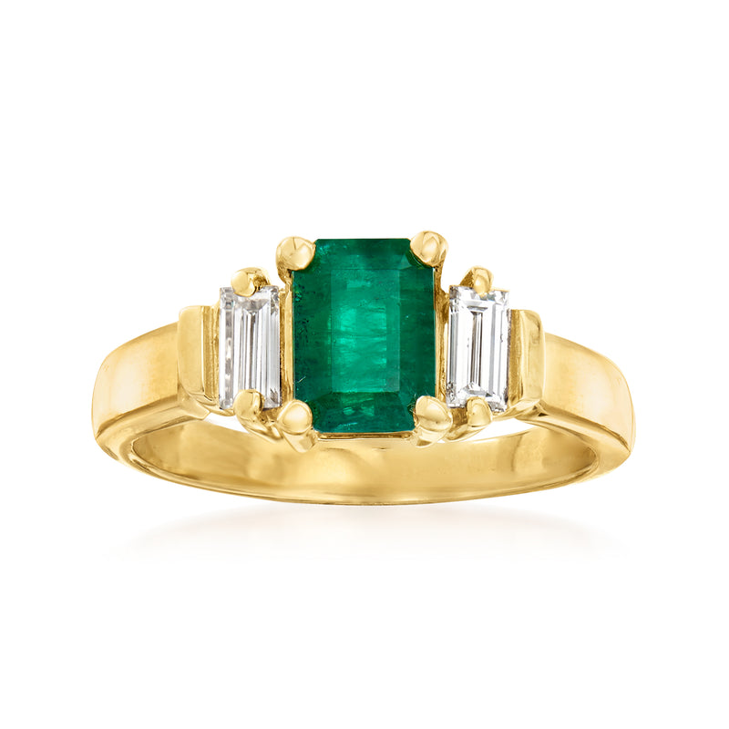 14kt yellow gold ring with emerald-cut green gemstone and baguette diamond accents