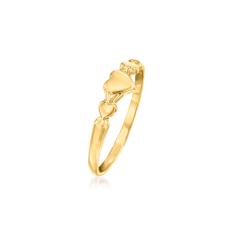 14kt yellow gold heart ring, side view with linked heart bumps on band