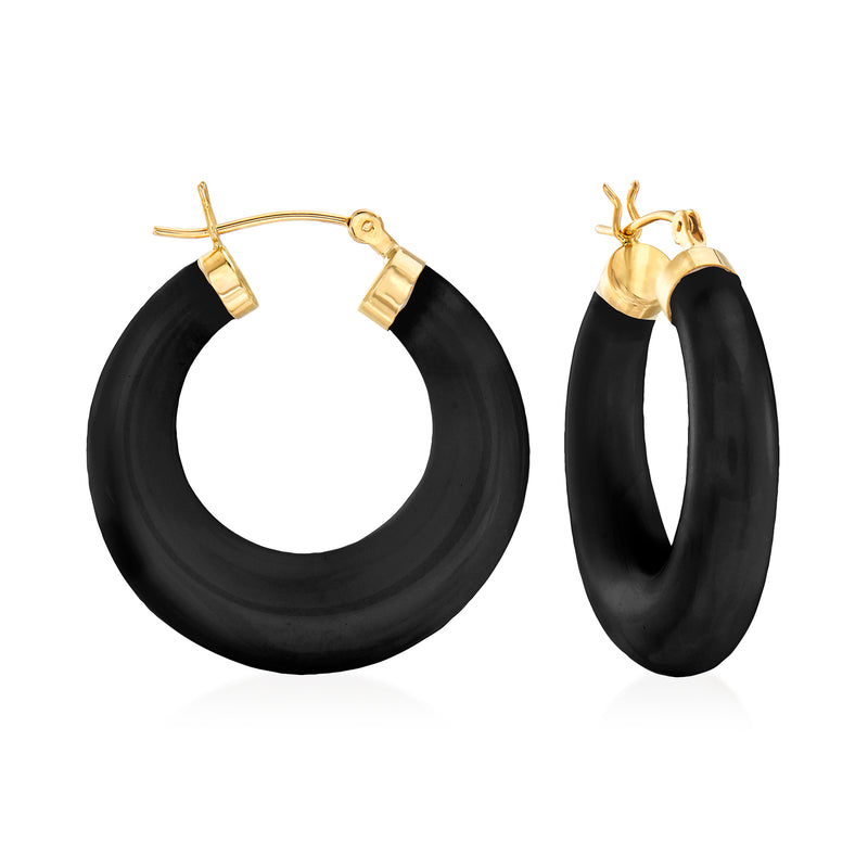 14kt yellow gold hoop earrings with black onyx-style oval insets