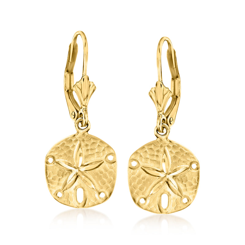 14kt yellow gold sand dollar drop leverback earrings, hammered round disc with star