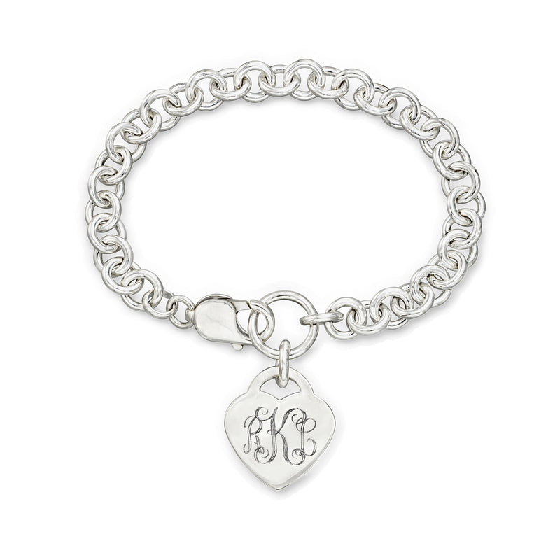 Sterling silver link bracelet with heart charm and engraved initials