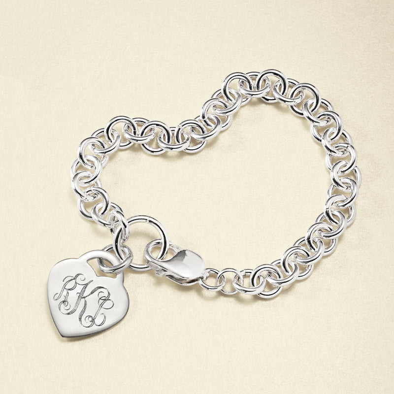 Sterling silver chain bracelet with heart charm and engraved initials