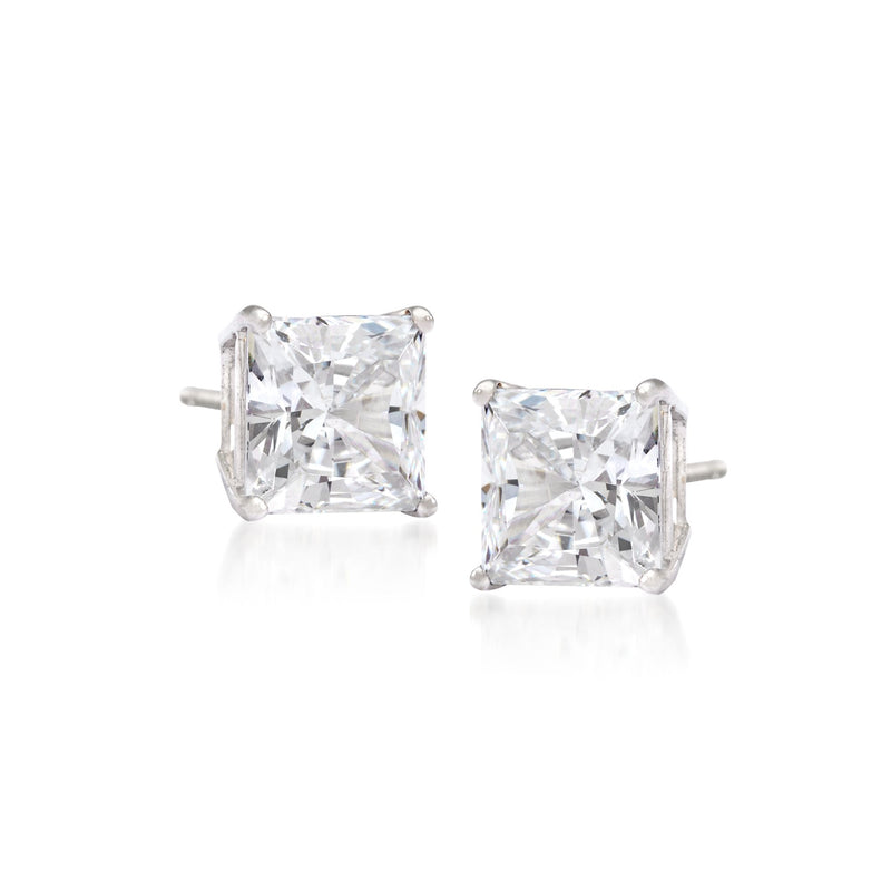 Princess-cut diamond stud earrings, square stones in 14kt white gold