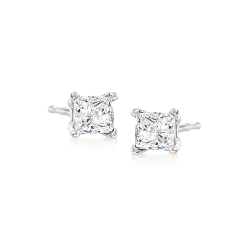 Princess-cut diamond stud earrings in 14kt white gold, square bezel settings