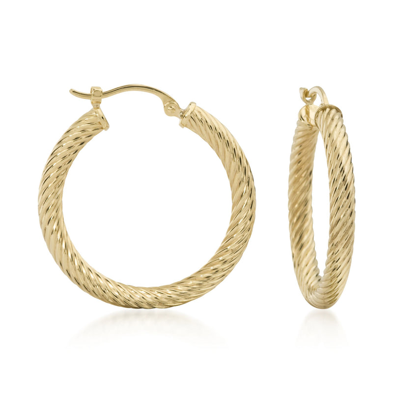 Twisted yellow gold hoop earrings with rope-like texture, hinged clasp