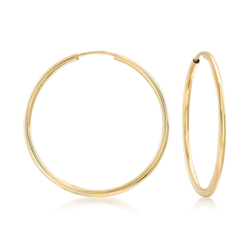 14kt yellow gold endless hoop earrings with smooth round seamless ring
