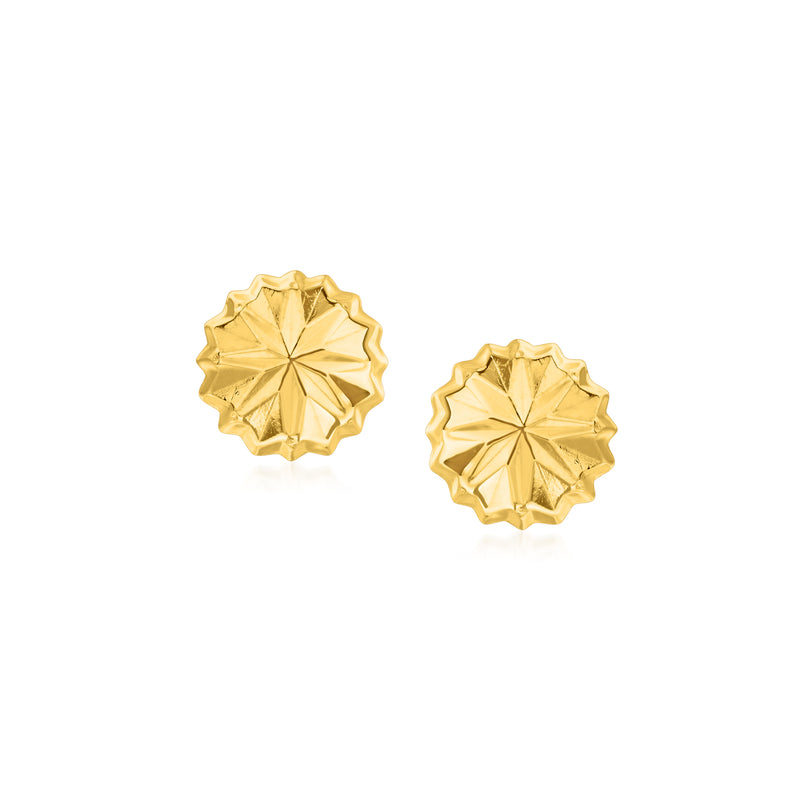 14kt yellow faceted starburst stud earrings, round textured discs